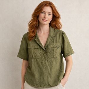 Sundance 100% Linen Popover Shirt Womens Sz XL Olive Green Short Puff Sleeve